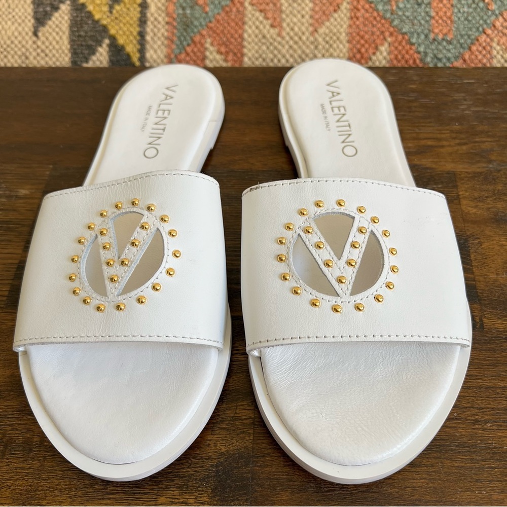 VALENTINO By Mario Valentino Bucola Studded White Leather Slide Sandals US6